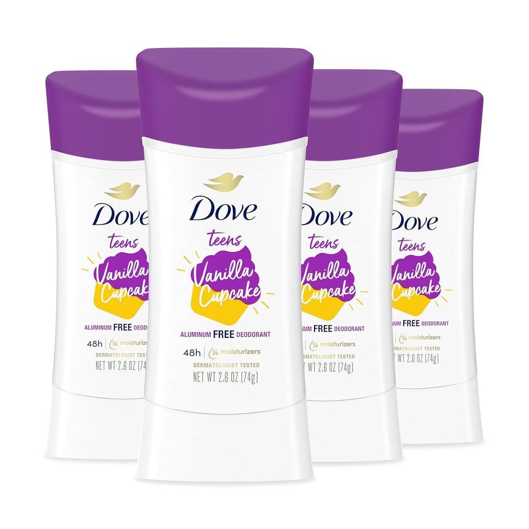 Dove Teens Deodorant Stick Vanilla Cupcake 4 Count Deodorant stick for teens 48-hour protection without aluminum 2.6 oz