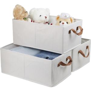 Fordonral Pack of 3 Large Capacity Storage Bins Closet Organizer System, Sturdy Foldable Boxes for Organizing Clothing, Sheets, Toys, Books - Shelf Shelves Basket Bin Linen White