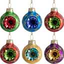 6 Pcs Christmas Reflector Ball Ornament, 1.6'' Hanging Glass Multicolored Reflector Decoration for Vintage Christmas Tree Decor & Party Flower Arrangement