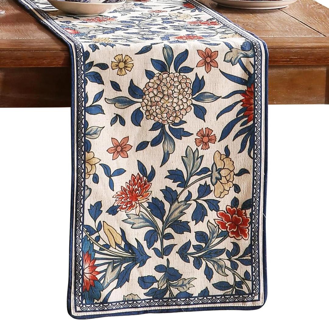patdrea Designer Blue Cottage Rustic Floral Patterned Linen Table Runner 87 Inch Long,Wrinkle Resistant Table Mat,Decoration for Kitchen Dining and Coffee Tables Banquet Christmas , 12"x87"