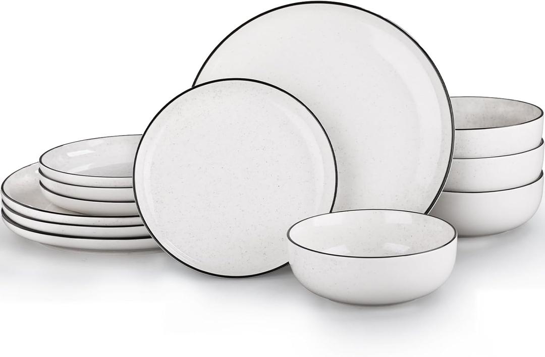 Ceramic Plates and Bowls Sets for 4,12 Pieces White Dinnerware Set for Kitchen, Modern Design Dinner Plates with Black Rim, Stoneware Dishware Sets, Microwave and Dishwasher Safe