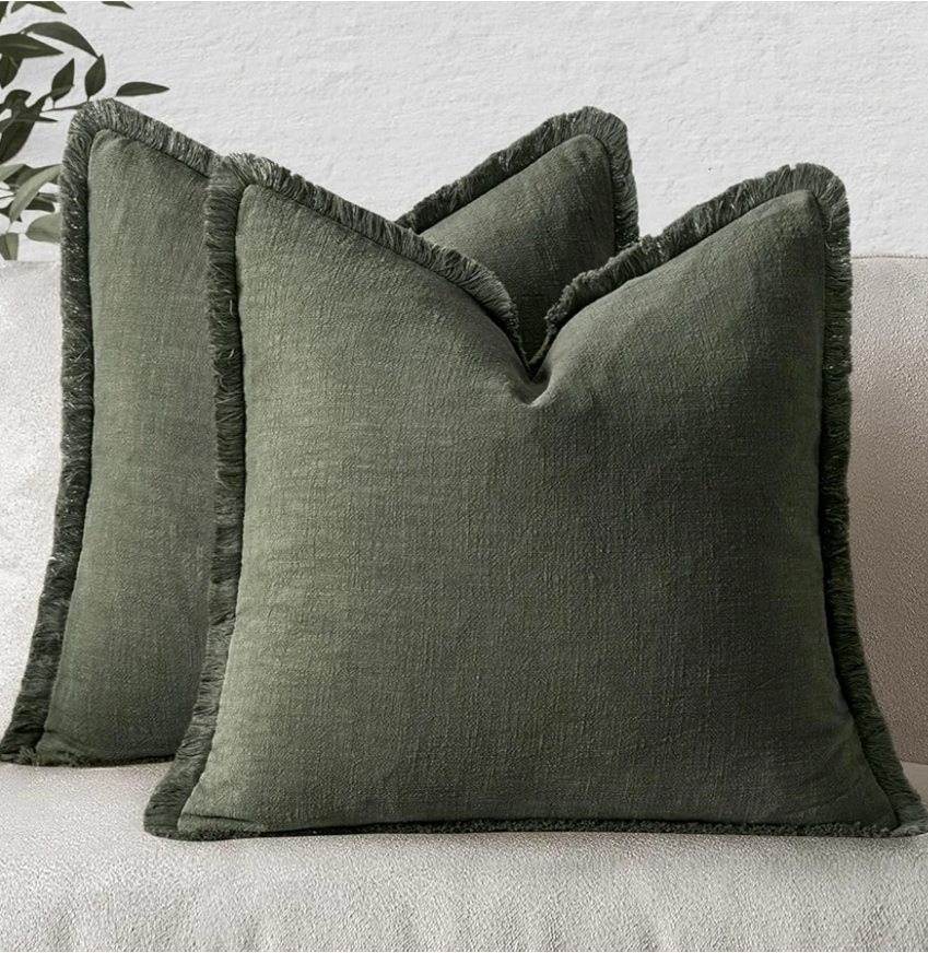 MIULEE Decorative Throw Pillow Covers Neutral Linen Fringe Throw Pillows Set of 2 Rifle Green Boho Farmhouse Cushion Covers with Tassels for Couch Sofa Bed Living Room Spring Home Decor 18x18 Inch