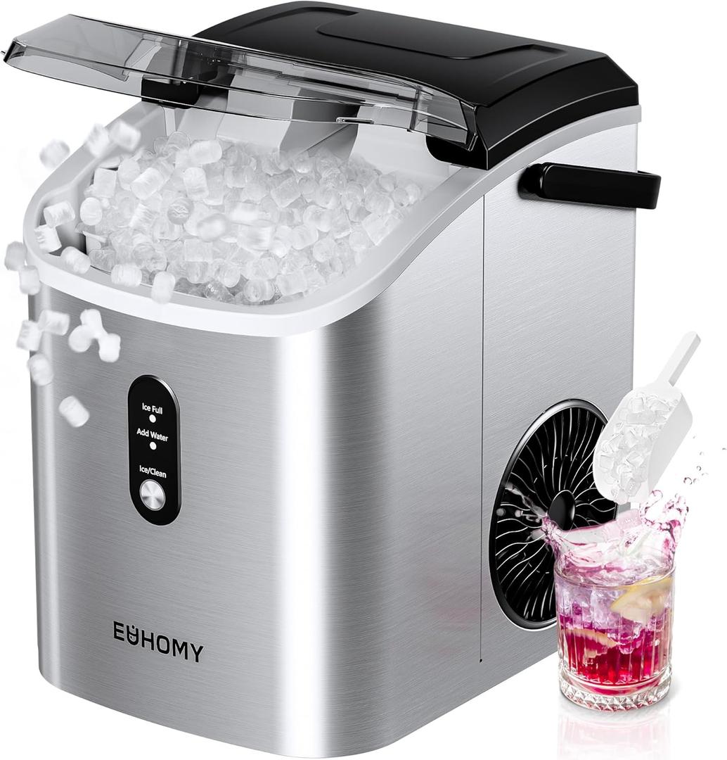EUHOMY Nugget Ice Maker Countertop with Handle, Ready in 6 Mins, 34lbs Per Day, Removable Top Cover, Auto-Cleaning, Portable Sonic Ice Maker with Basket and Scoop, for Home/Party/RV/Camping (Silver) (Steel Light Silver)