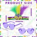 6 Pcs Mardi Gras Accessories Feather Headband for Woman, Heart Shape Sunglasses Set Purple Yellow Green Glitter, Feather Sequin Fascinators for Masquerade Party Carnival Cocktail