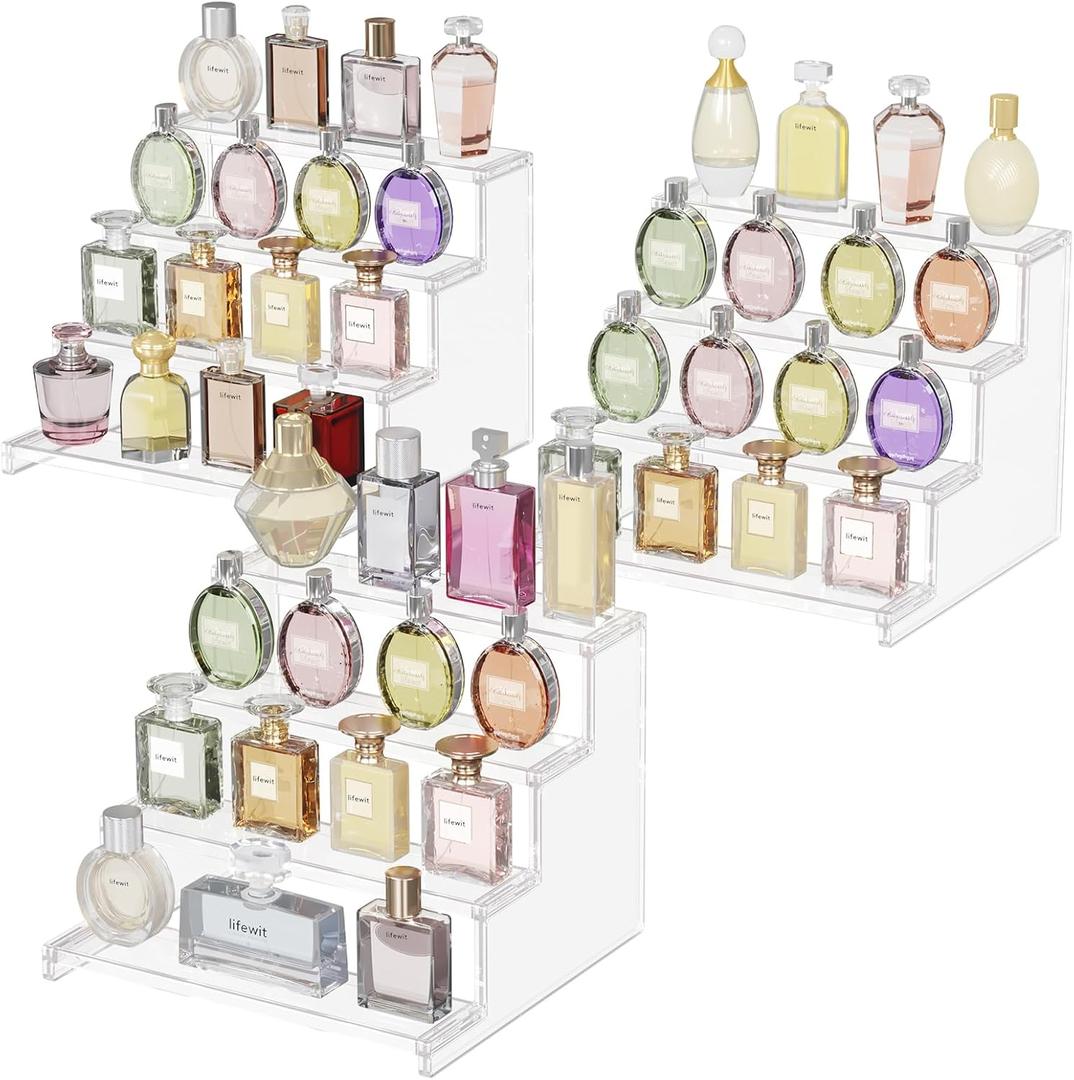 Lifewit 4 Tier Clear Display Riser Stand, Tool-free Assembly, 12 Inch Plastic Organizers for Figures, Cupcake, Perfume, Dessert, Desktop Display Stand for Organize and Decoration, 3-Pack