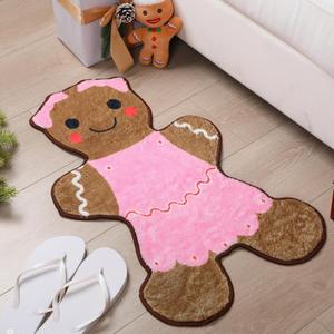 Dunzy Pink Christmas Tufted Gingerbread Bath Rugs 29.53 x 15.75 Inch Nonslip Bathroom Welcome Mat House Doormat Cute Soft Absorbent Bathtub Rug for Xmas Kitchen Door Decorations, 10" x 12"