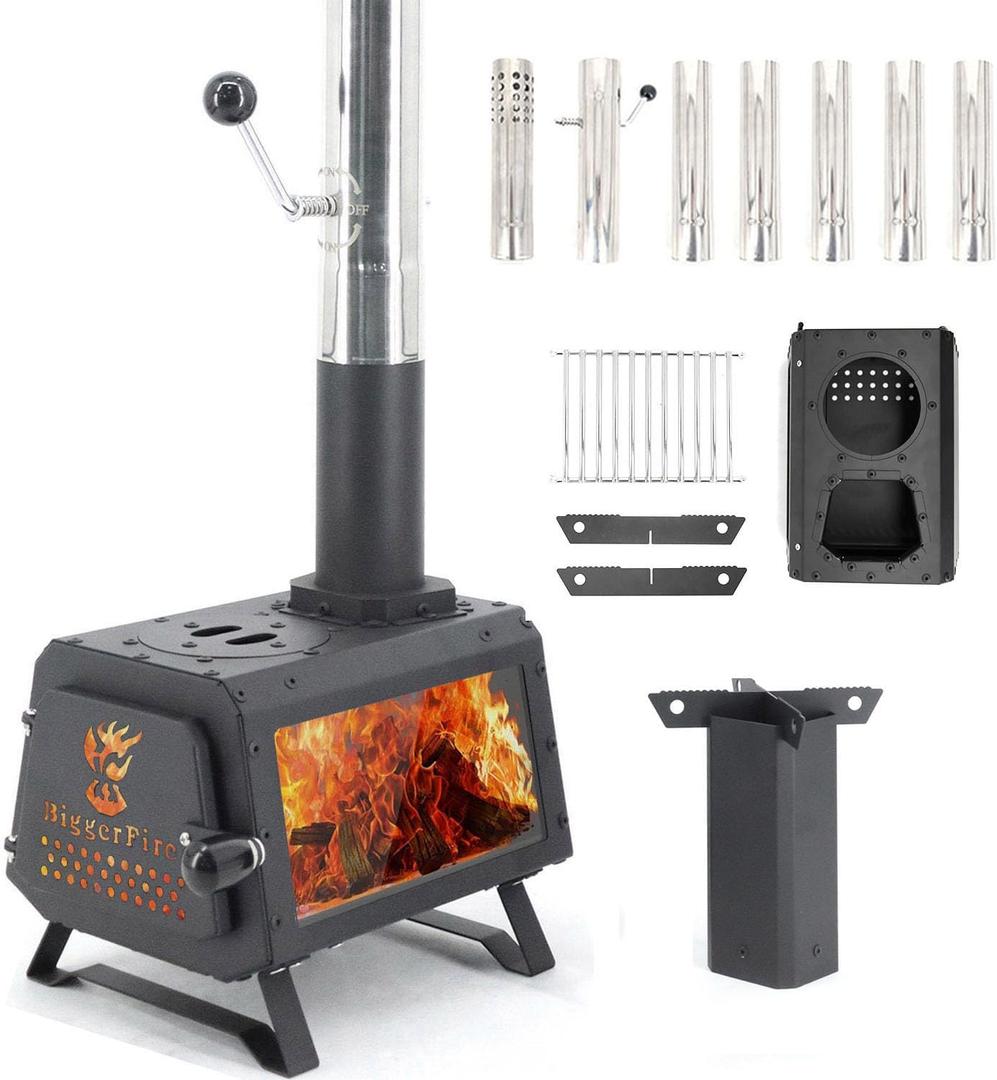 Portable Wood Burning Stove,Compact Hot Tent Stove with X-shaped Pot Holder,Air Damper,7 Section Stainless Steel Chimney,Large Firebox,Tent Wood Burning Stoves for Camping Heating and Outdoor Cooking