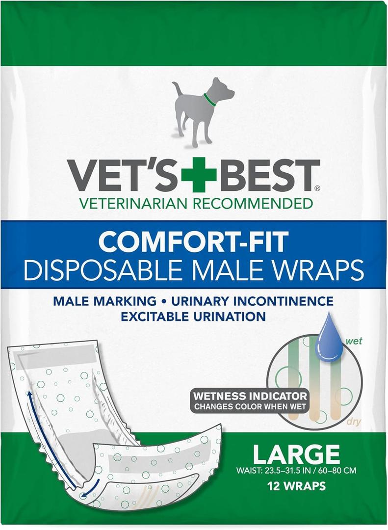 Vet's Best Vets Best Comfort Fit Disposable Male Dog Diapers | Absorbent Male Wraps with Leak Proof Fit | Large, 12 Count