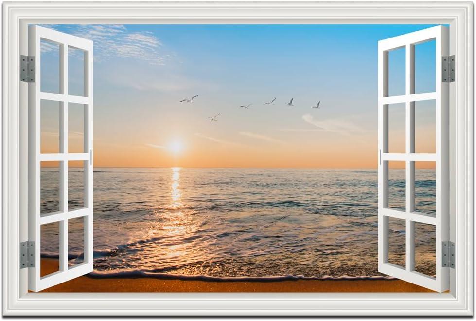 Beach Wall Art Pictures White Fake Window Frame Style Sunset Painting Seascape Artwork Ocean Birds Theme Prints on Canvas Blue Coastal Landscape for Living Room Bedroom Bathroom Home Office Decor24x36inch