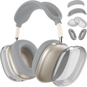 [4 in 1] Silicone Case Cover for AirPods Max Headphones,Clear Soft TPU Ear Cups Cover/Ear Pad Case Cover/Headband Cover for AirPods Max (2024/2020),Transparent Accessories for AirPod Max (USB-C), Gray