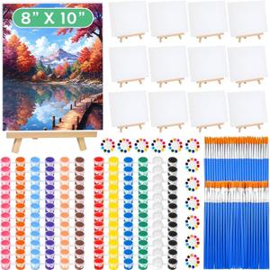 120pcs 8x10 Inch Painting Supplies Kit, 12Pack Art Canvas Bulk with Easel Stand, 12 Colors Mini Acrylic Paint Set, Small Paint Brushes, Paint Trays, Painting Kit