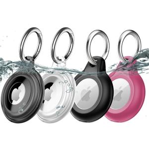 4 Pack IPX8 Waterproof Compatible with AirTag Keychain Holder Case, Lightweight, Anti-Scratch, Easy Installation, Soft Full-Body Shockproof for Luggage, Keys, Dog Collar (Black+ Clear+ Black+ Pink)
