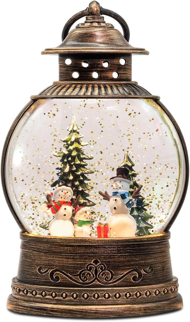 Snow Globes, Snowman Family,Glitter Water Christmas Lantern with 8 Songs, 6H Timer Battery & USB Powered Music Box,Gifts for Men and Kids, Indoor Christmas Decorations (Bronze 39)