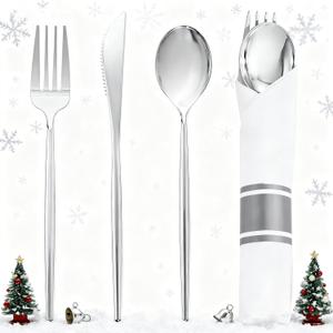 SUT 50 Pack Pre Rolled Silverware Set Disposable, 200 Pcs Silver Plastic Utensils Include 50 Forks, 50 Knives, 50 Spoons and 50 Napkins, Plastic Cutlery, Wrapped Silverware Set Disposable for Party