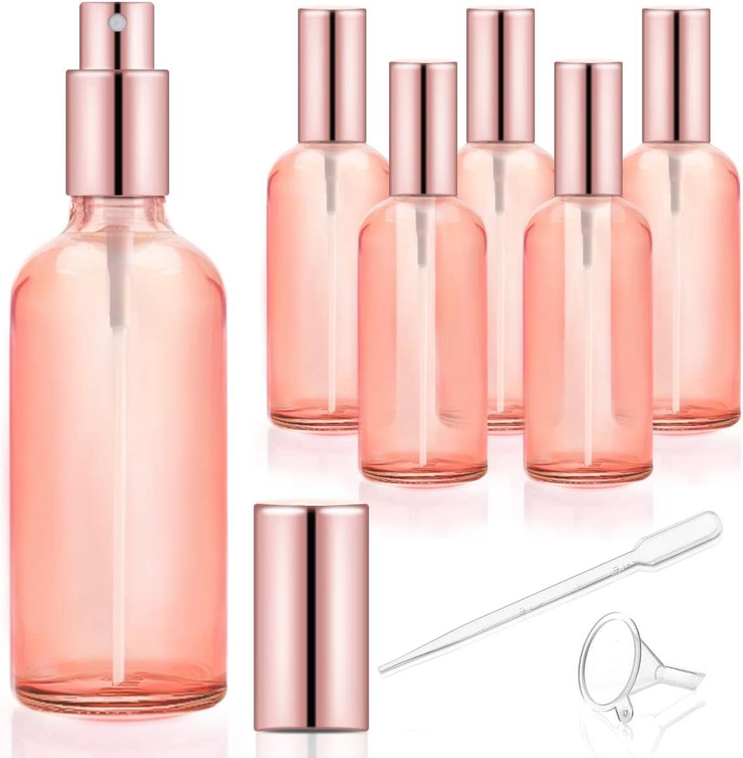 6 Pack 3.4 Oz Pink Glass Spray Bottles,Empty Perfume Fine Mist Atomizer,Refillable Travel Liquid Holder Containers for Cleaning Products,Essential Oils,Body Sprays-Rose-Golden Sprayer