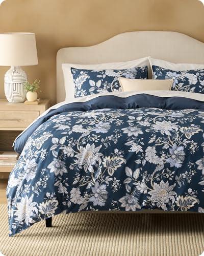 Bedsure 100% Cotton Reversible Duvet Cover Queen Size - Vintage Navy Floral Pattern Printed Comforter Cover with Zipper Closure & 2 Pillow Shams, Comforter Not Included (Vintage Navy Floral, 90"x90")