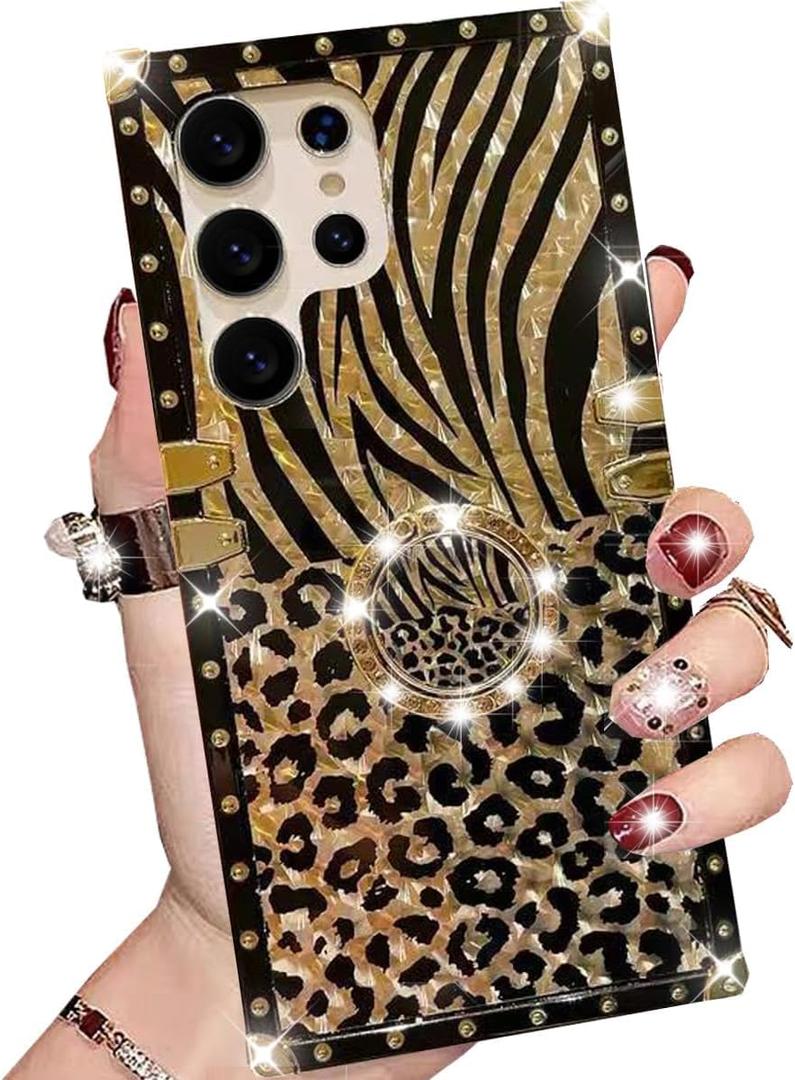 Changjia for Samsung Galaxy S26 Ultra Glitter Leopard Print Case,Cute Bling Sparkle Vintage Cheetah Print with Ring Kickstand Golden Plating Bumper Shockproof Case for Girls Women for Galaxy S26 Ultra