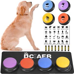 Dog Buttons for Communication,Talking Buttons for Dogs,4 Recordable Sound Buttons + 24 Scene Patterns + 1 Dog Button Mat+ 8 AAA Batteries