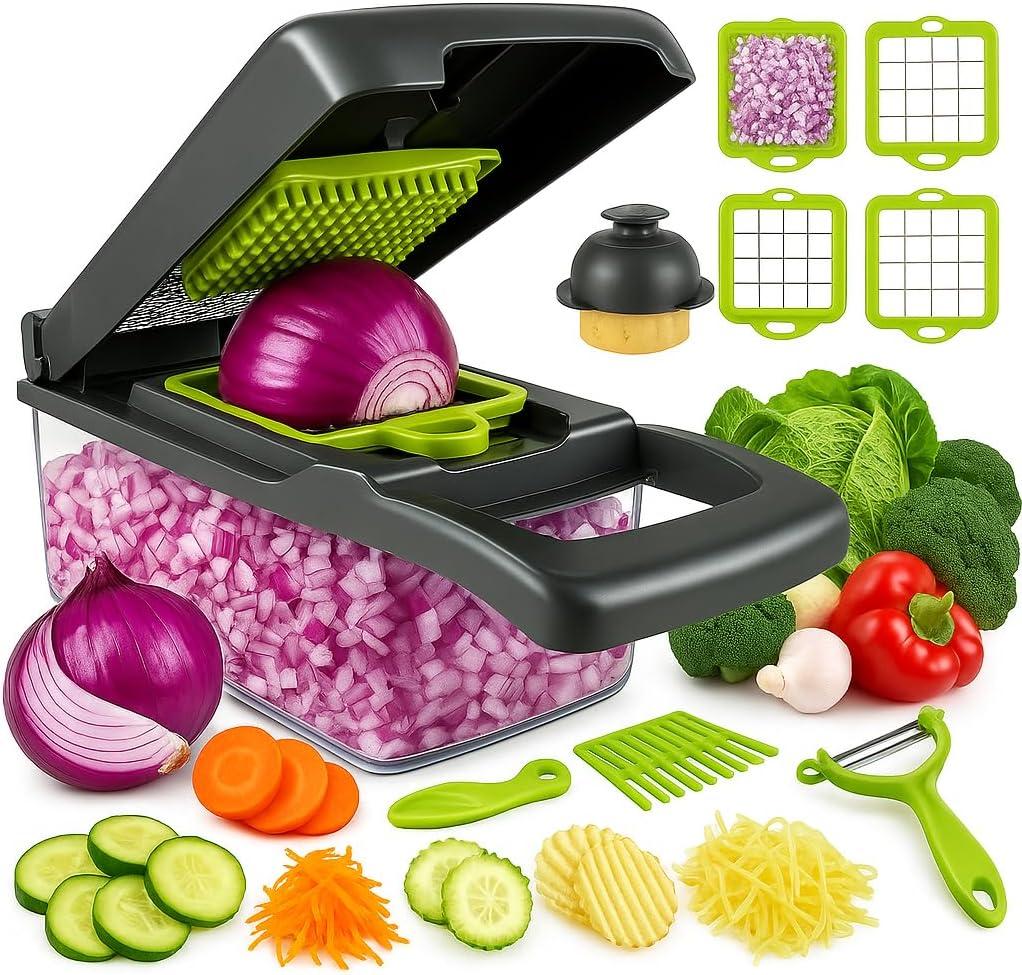 Vegetable Chopper and Slicer Set, 14-in-1 Multifunctional Food Dicer with Container, Multi-Blade Kitchen Mandoline, Green