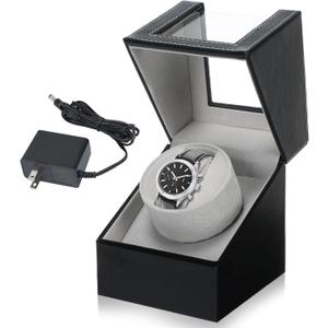 MAOPINER Single Automatic Watch Winder Box, Black Leather Watch Winding Box for Men and Women, Battery Powered Watch Shaker and Display Case for Automatic Watches