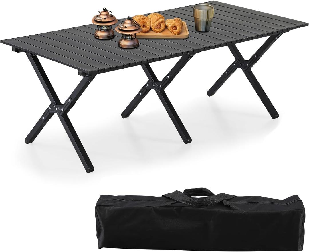 BOOSDEN Aluminum Folding Camping Table, Portable Foldable Picnic Table, Outdoor Lightweight Roll-up Camping Table, Collapsible Camp Table for Beach,Party, Patio, BBQ, Travel, Backyard (Black)