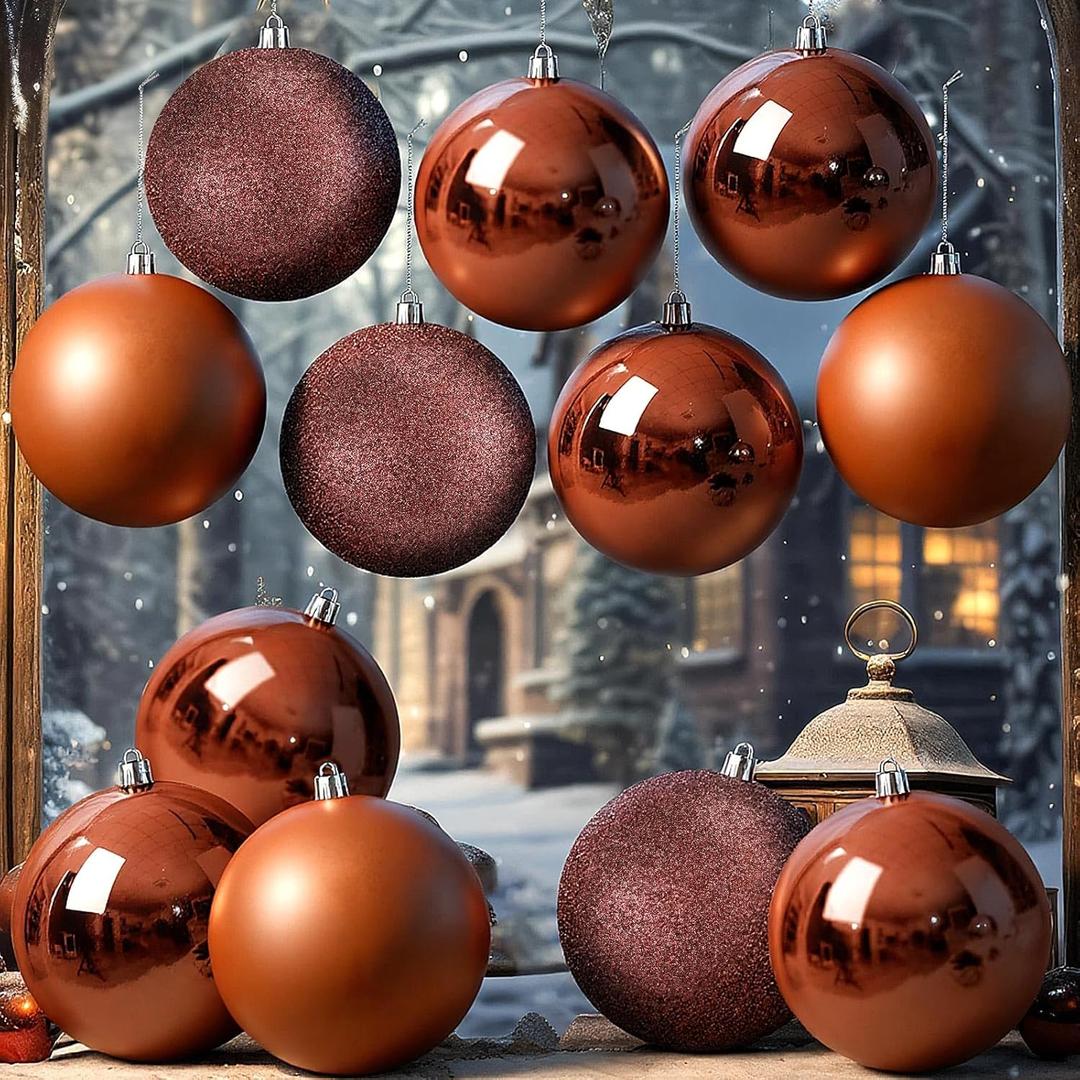 Jenaai 12 Pcs Large Brown Christmas Ball Ornaments, 4 Inch Big Oversized Shatterproof Christmas Tree Decorations Matte Glitter Giant Jumbo Plastic Hanging Baubles for Xmas Holiday Party Indoor Outdoor