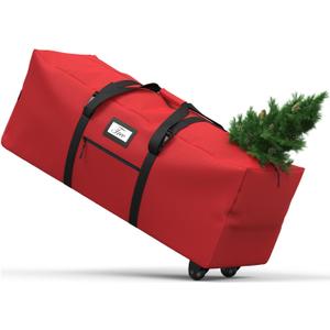 Christmas Tree Storage Bag with Rolling Wheels, Fits for 9ft Xmas Artificials, Large Xmas Storage Container with Reinforced Carry Handles and Fixed Buckle, 600D Oxford Cloth, Dual Zippers