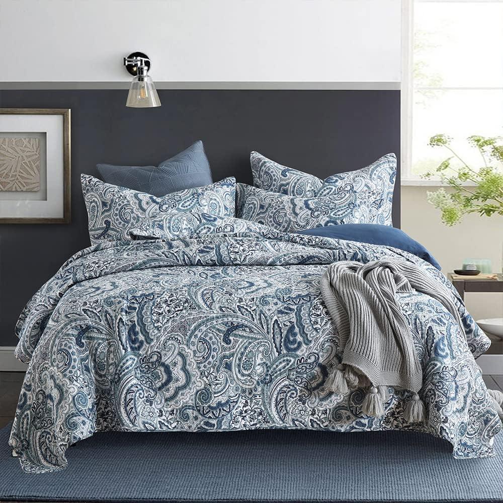 Autumn Dream Cotton Bedspread Quilt Sets, 3 Pieces Reversible Comforter Coverlet Sets,Blue Floral Paisley Bedspread,King Size (King (96by108 inch))