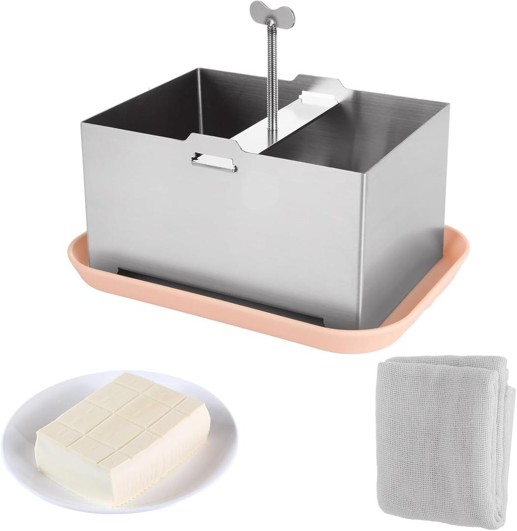 QTLCOHD Tofu Press Stainless Steel Paneer Maker with Towel and Drip Tray 6.3 * 4.72 Paneer Presser Mold for Homemade Firm Tofu BPA Free Dishwasher Safe