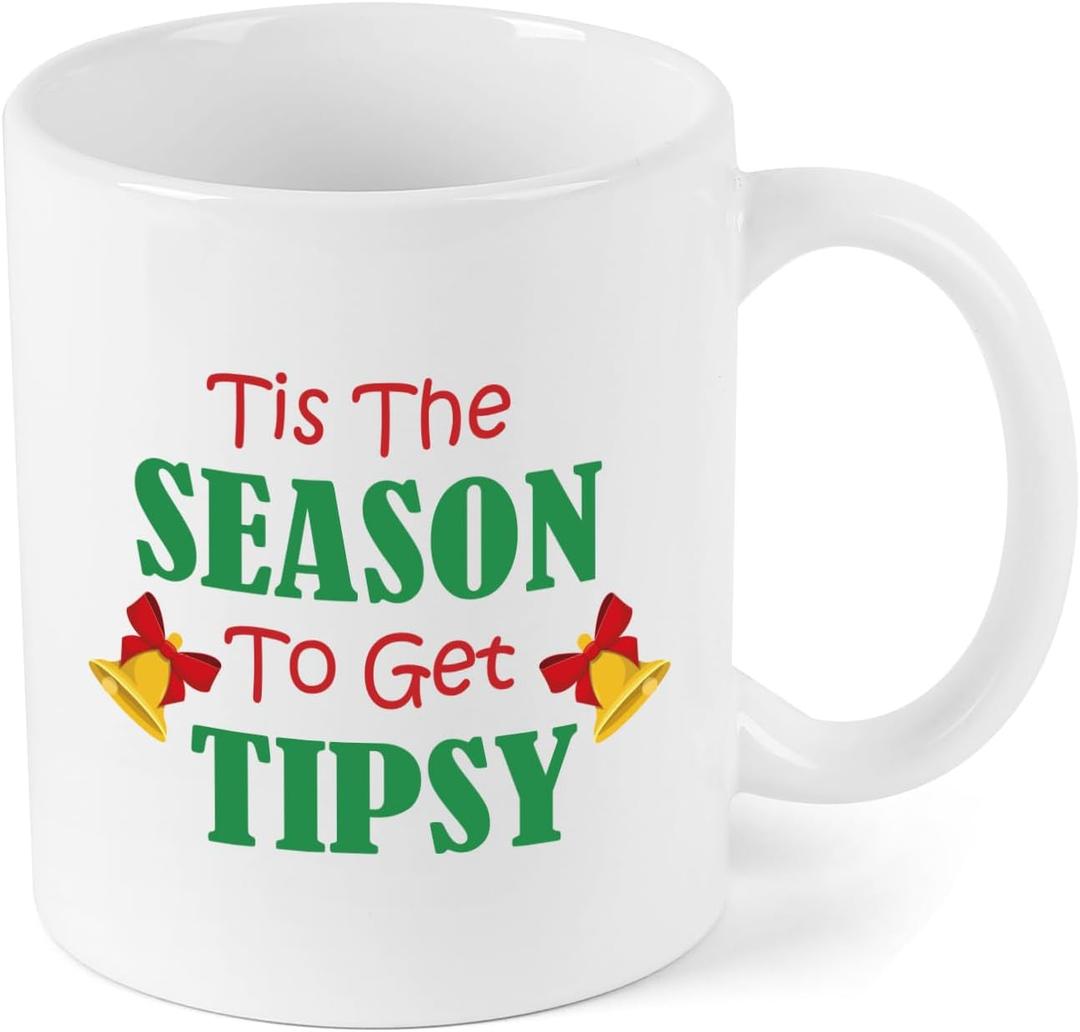 Tis the Season to Get Tipsy Coffee Mug, 11Oz Coffee Cup Gift, Unique Holiday Wedding Gifts for Family Friends Men Women Sister (White)
