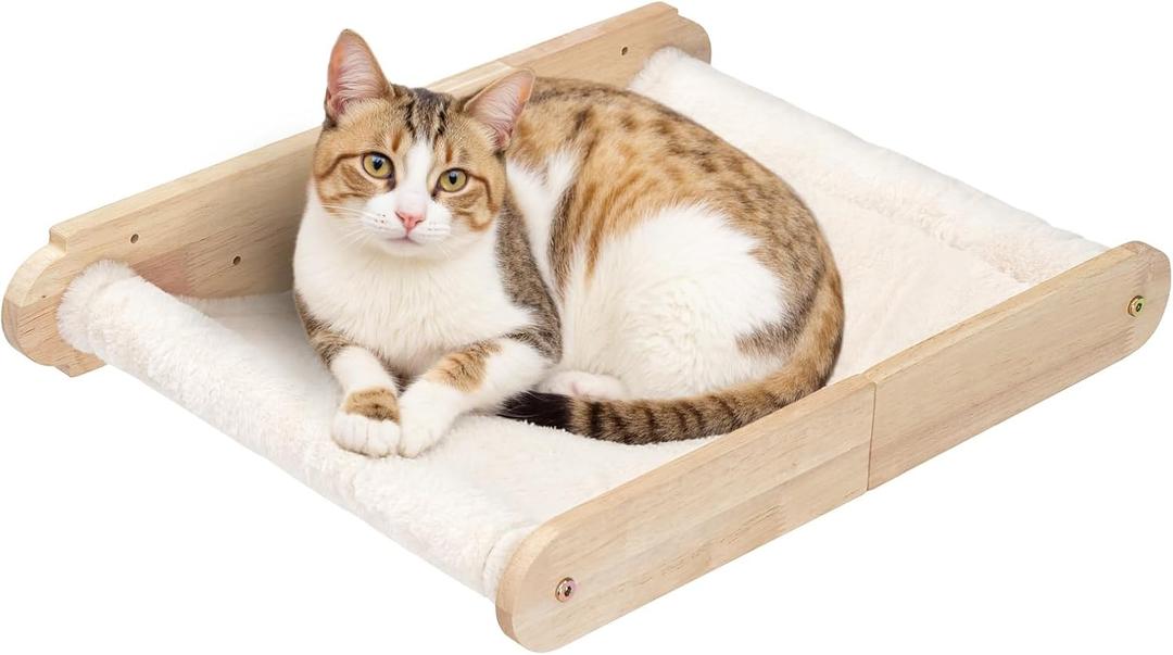 HOOBRO Wooden Cat Wall Shelf, 18.9" L x 13.8" W, Wall-Mounted Cat Hammock Bed Furniture with Soft Fabric, Easy to Install, Holds up to 40 lb, for Lounging, Playing, Sleeping, Natural NL03CS03