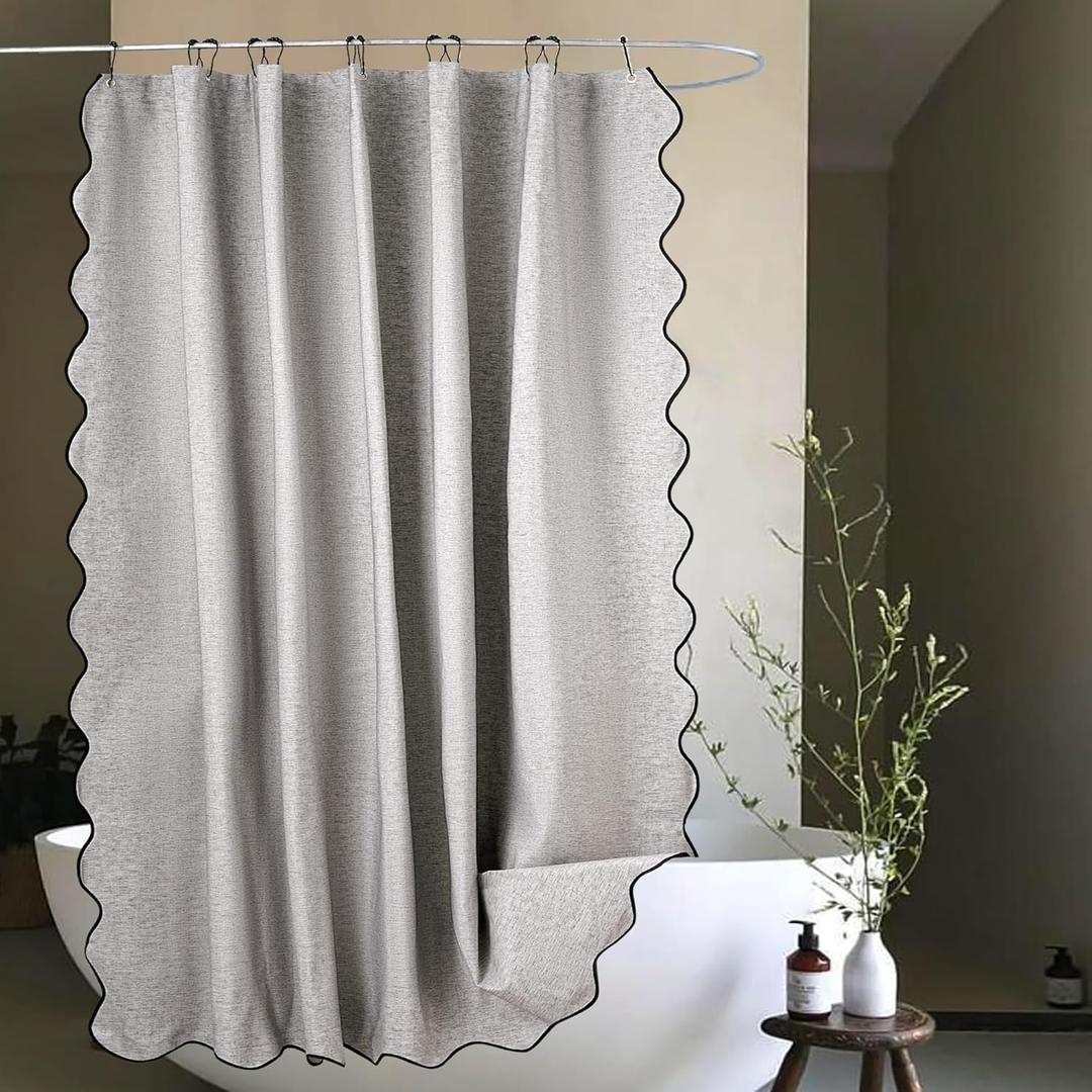Grey Scalloped Edge Shower Curtain Linen Textured with 12 Metal Hooks Cute Heavy Duty Washable Waterproof Neutral Thick Chic Shower Curtain Sets for Hotel Bathroom 72x72 inches