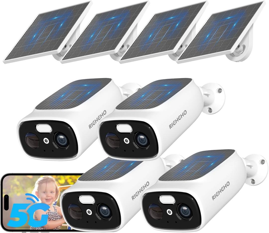 4pc 2.4G/5G WiFi Cameras for Home Security with Double Solar Panels, 2K Solar Security Cameras Wireless Outdoor, Color Night Vision , 2-Way Talk, Spotlight, Siren,IP66, Cloud/SD, AI Detection, W/Alexa