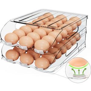 Egg Holder for Fridge, Automatic Steady Rolling Egg Dispenser with Silicone Bumpers & Handle for Refrigerator, Large Capacity Egg Organizer with Lid