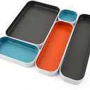 Three by Three Seattle 5 Piece Metal Organizer Tray Set for Storing Makeup, Stationery, Utensils, and More in Office Desk, Kitchen and Bathroom Drawers (1 Inch, Gray, Sky Blue, Orange)
