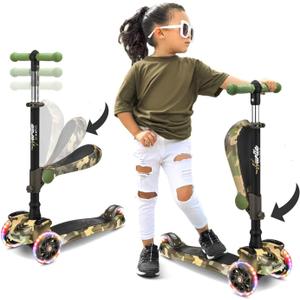 Hurtle 3-Wheeled Scooter for Kids - Wheel LED Lights, Adjustable Lean-to-Steer Handlebar, and Foldable Seat - Sit or Stand Ride with Brake for Boys and Girls Ages 1-14 Years Old (Camouflage)