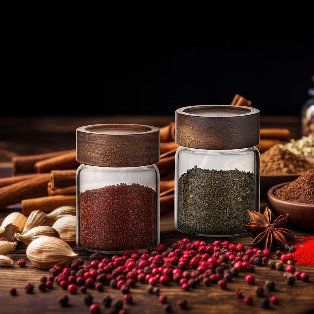Small Glass Jars with Screw Lid 5 oz, 12 Set Spice Jars With Wooden Lids 150ml Kitchen Storage Jar Canister for Sea Salt Paprika Herbs Cinnamon Coffee Seasoning