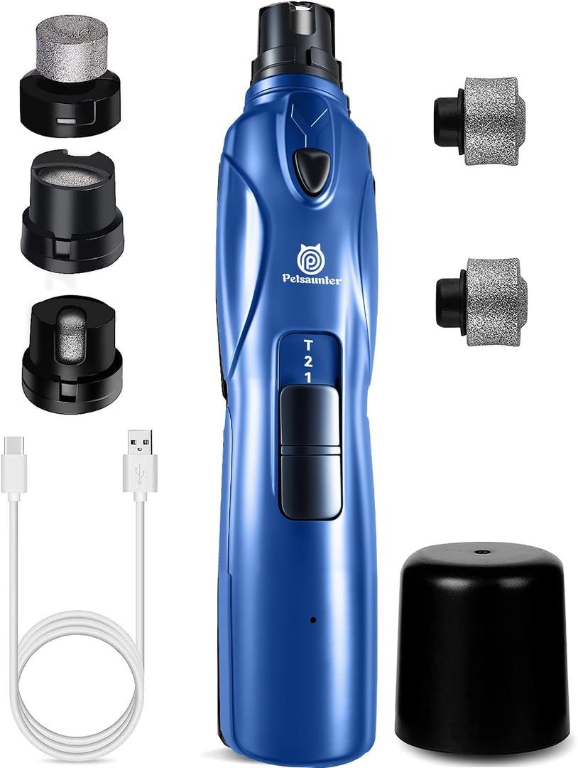 Dog Nail Grinder, 3 Grinding Heads, 2-Speed, LED Light, Touch-Switch, TypeC, Quiet, Low-Vibration, Dog Nail Trimmers for Large,Medium,Small Dogs & Cats with Hard/Thick Nails (U-Dark Blue)