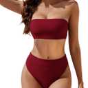YACUN Women's High Waisted Bikini Swimsuit Two Piece Strapless Bandeau Cheeky Bathing Suits (Large, Wine)