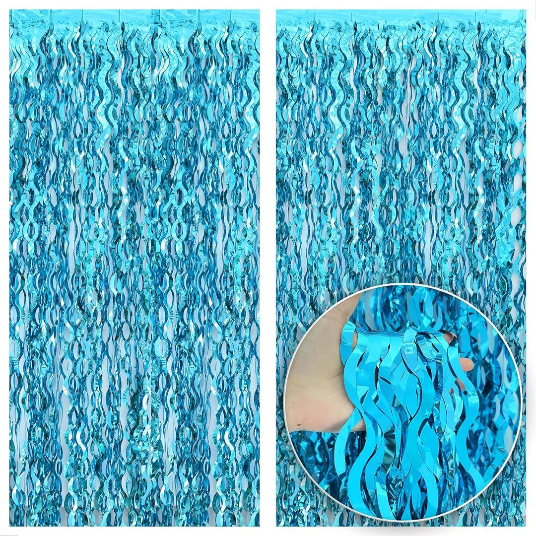 Katchon, Xtralarge Wavy Blue Foil Fringe Curtain - Pack of 2 | Blue Streamers for Under The Sea Party Decorations | Foil Fringe Backdrop for Birthday, Cruise Door Decorations, Pool Party Decorations