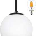 Globe Semi Flush Mount Ceiling Light, Mid Century Modern Light Fixture Ceiling, Milk Glass with Matte Black Finish, Living Room Kitchen Bedroom Hallway Storage Schoolhouse Laundry(LED Bulb Incl.)