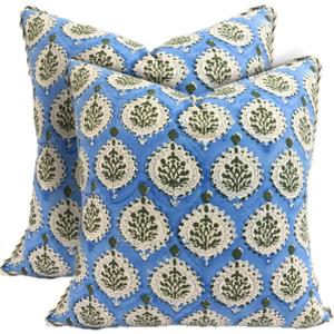 ATOSII Block Print Throw Pillow Covers, 20" X 20" - Set of 2, Decorative Couch Pillows for Living Room Bed Sofa, 100% Cotton Canvas Pillow Case for Home Decor & Outdoors, Preppy Throws - Kari Blue