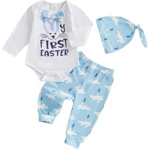 Gueuusu My First Easter Baby Boy Outfit Long Sleeve Bunny Romper Rabbit Long Pants Hat 3Pcs Clothes Set 3 6 12 18M (Blue)