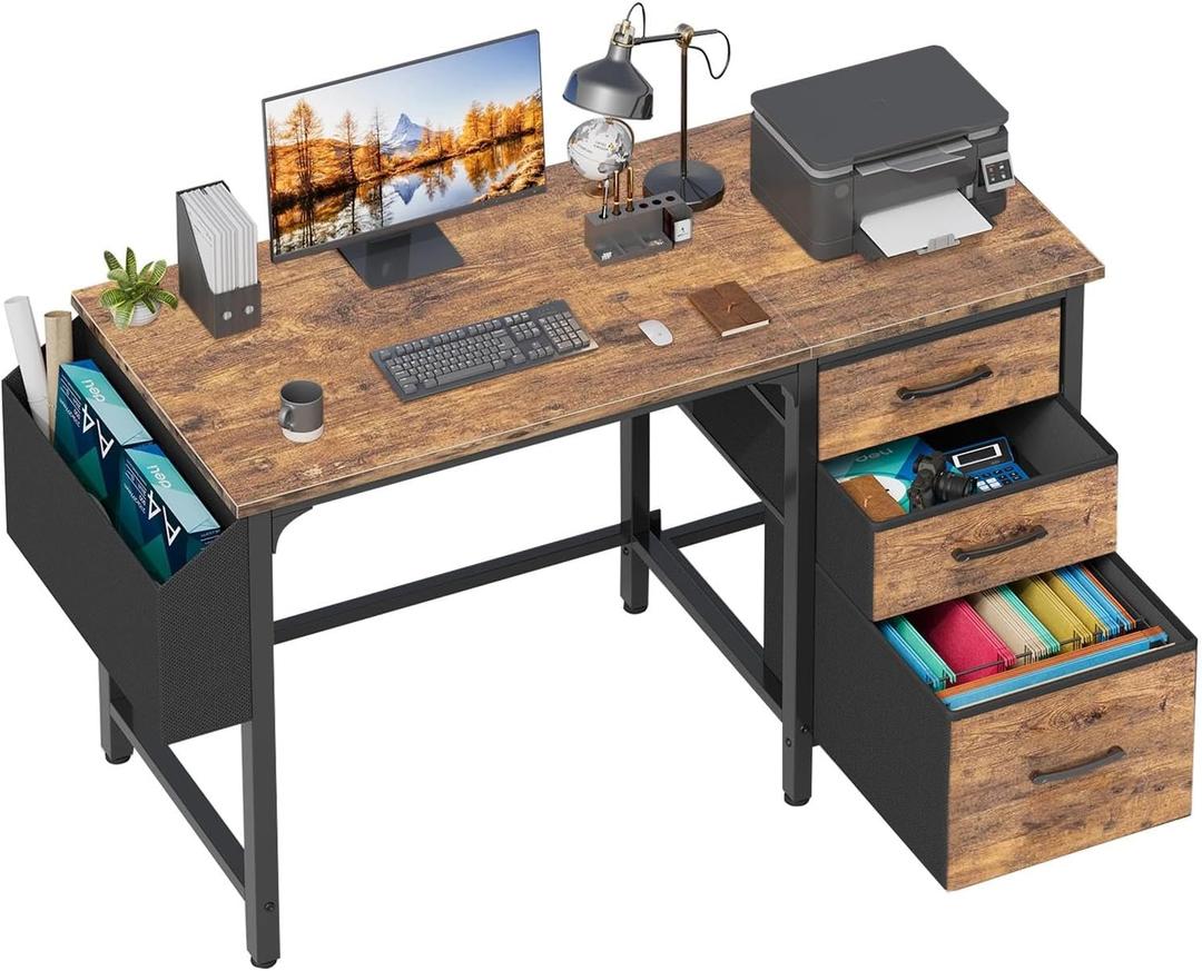 Lufeiya Computer Desk with File Drawers Cabinet, 47 Inch Reversible Home Office Desks with Fabric Filing Cabinet for Small Space, Study Writing Table PC Desks, Rustic Brown (46.6")