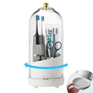 Toothbrush Holders for Bathrooms, Rotating Toothbrush Holder, with Dustproof Transparent Cover and Drainage, Multi-Purpose Storage for Pens, Makeup Brushes, for Students, Office & Vanity Use