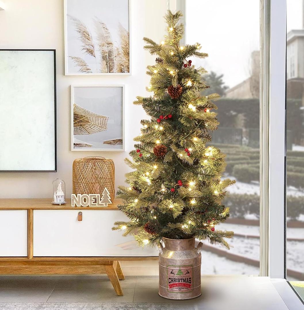 LuxenHome 4FT Small Christmas Tree, Prelit Slim Potted Artificial Christmas Trees with 100 Warm White LED Lights, Realistic Faux Pine Tree with Rustic Metal Pot for Indoor, Outdoor Holiday Decor