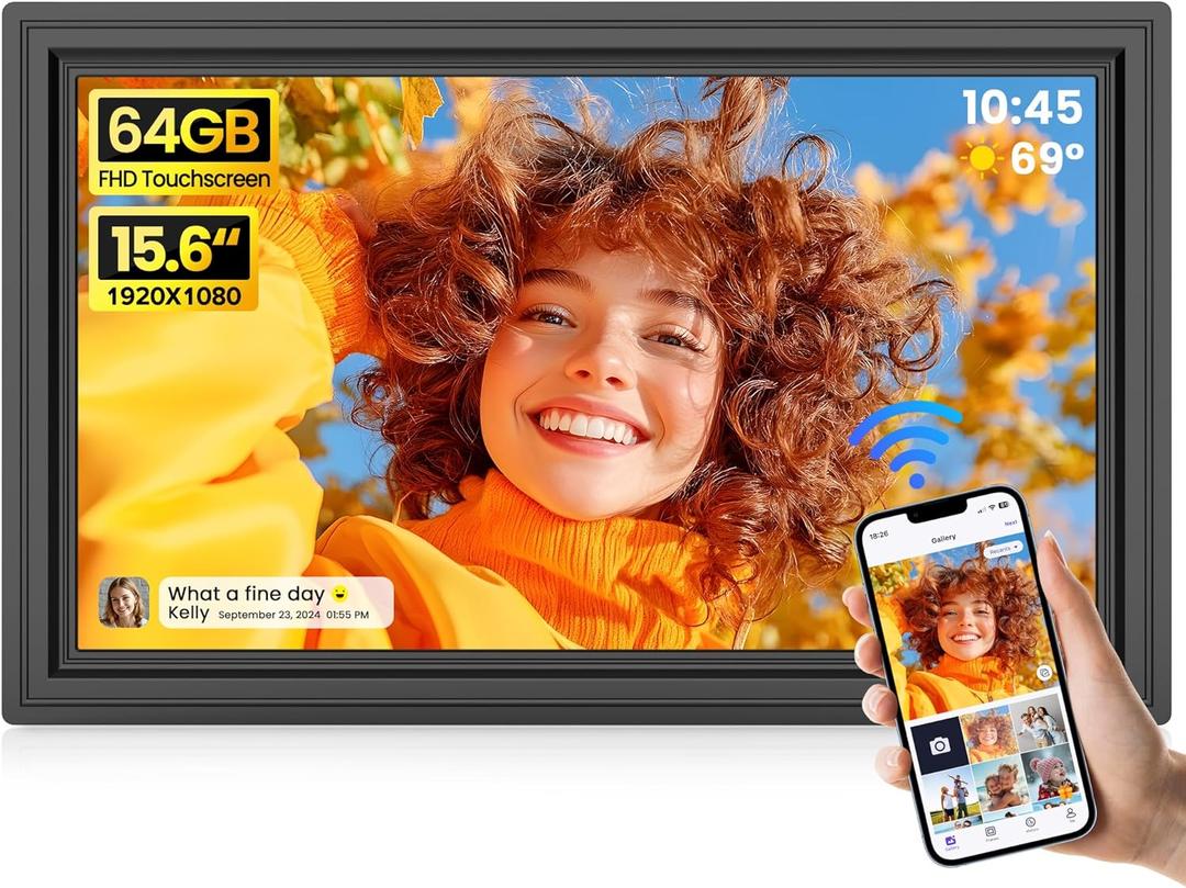 64GB 15.6" Large Digital Picture Frame, Uhale WiFi Electronic Photo Frames with 1920 x 1080 FHD IPS Touch Screen, Support Auto-Rotate Wall Mounted SD&USB Card, Share Photos/Videos from Phone Instantly