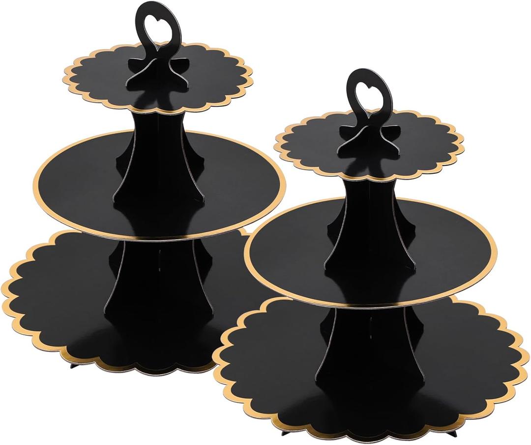 Soleebee 3-Tier Cupcake Stand, Cardboard Cupcake Tower, Cup Cake Stand Tower for Birthday Wedding Party Decoration, Cupcake Tier Stand Desserts Display 2 Set (Black Gold)