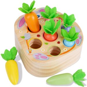 KMTJT Montessori Toys for 1 2 3 Year Old Toddlers, Rabbit Carrot Harvest Game Wooden Toys for 6-12 Months Baby Boys and Girls, Shape Sorting Matching 1st Birthday Easter Gifts for Babies 1-3 (Macron)