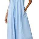 YOZLY Cotton Nightgowns for Women Embroidery Sleeveless Night Gown with Pockets, Blue, X-Large